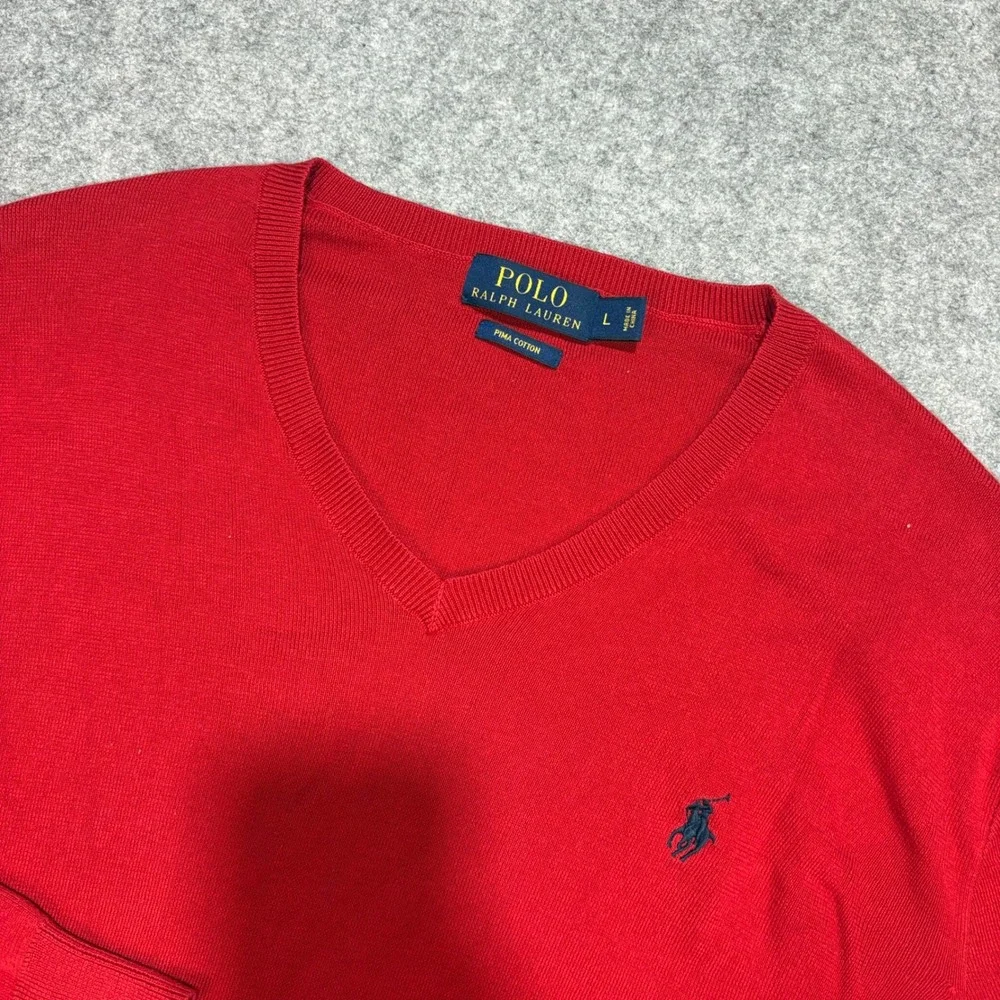Polo Ralph Lauren Red Pima Cotton V-Neck Sweater Mens Large Navy Pony Logo